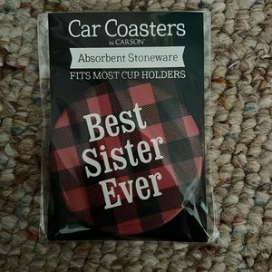 car coasters by carson “best sister ever” black and red plaid